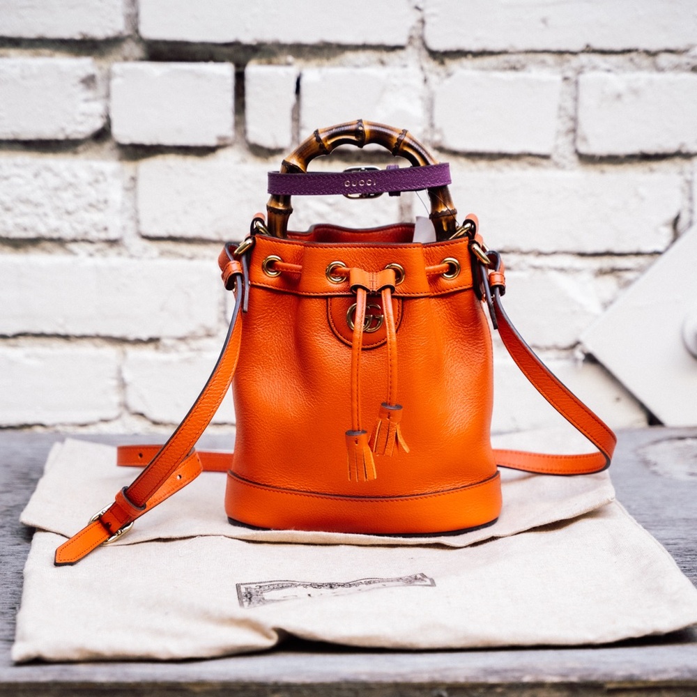 SOLD LIVE! Gucci Diana Orange Bucket Bag with Bamboo Handle & Crossbody - NWT - Picture 1 of 13